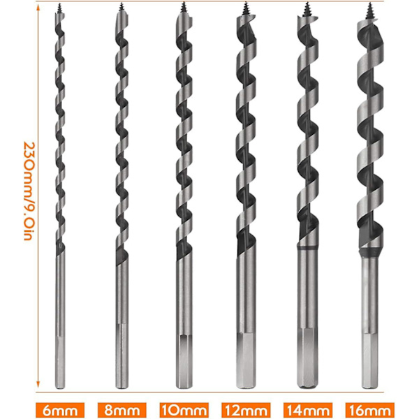 6 st träborr, 230 mm träborr, sexkantiga träborr, kolstål