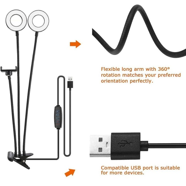 Sort ring dobbelt lys med mobilholder til livestream/makeup, LED-kamerabelysning med fleksible arme, kompatibel med alle iPhones