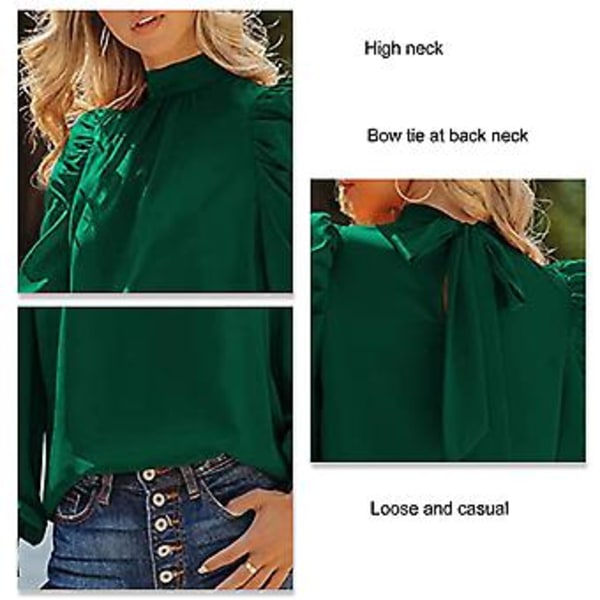 Dame Lang Puff Erme Topper Skjorte Moderne Elegant Løs Casual Ren Farge Høy Hals Bluse for Arbeid Grønn S