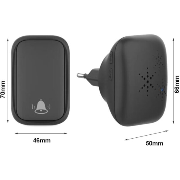 Trådløs og batterifri dørklokke, vandtæt, IP 65, sne, regn, fugt, sort..
