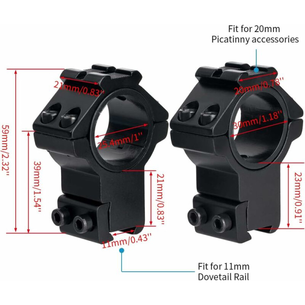 Korkeaprofiilinen 1 tuuman kiikaritähtäimen kiinnitysrenkaat - 30mm/25.4mm kiikaritähtäimen kiinnityssovitin Picatinny-kiskoon (11mm)