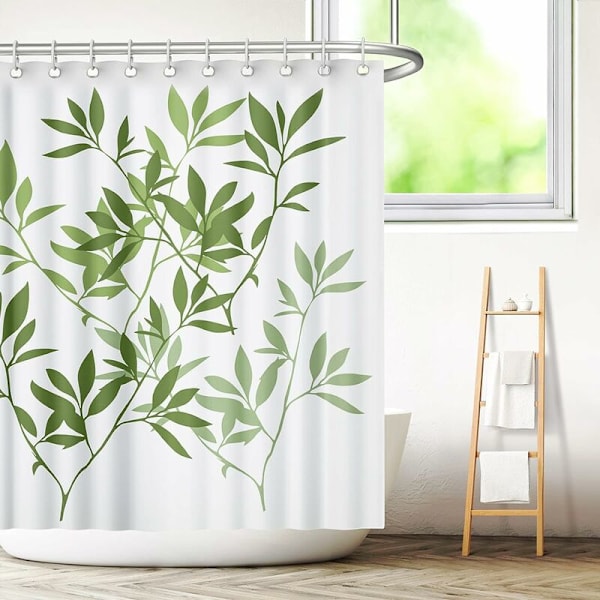 Blade Bruseforhæng 180 x 180 cm Grønne Planter Badeforhæng Mug & Skimmelresistent Polyesterstof Badeforhæng med 12 Kroge
