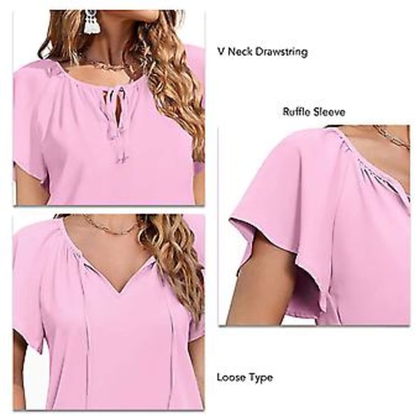 Dame Casual Chiffon Top Printet V-hals Kortærmet Bluser Skjorte med Snøre til Sommer Pink XXL