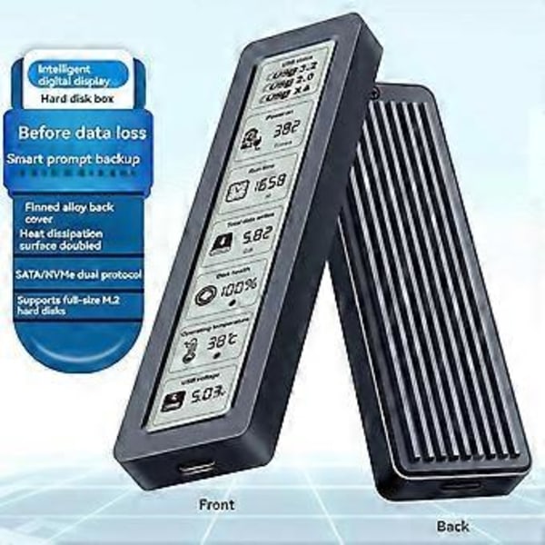 M.2 NVME/NGFF SATA SSD-kabinett med skärm Intelligent Digital Hälsoövervakning USB3.2 Gen2 Type-C 10Gbps
