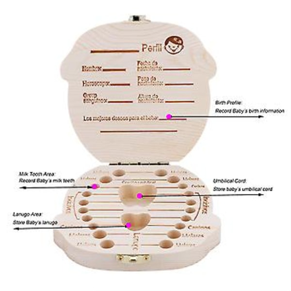 Vit Färg Version Baby Mjölktänder Organizer Spädbarn Tand Trä Låda Förvaring (Färg Spansk Flicka)