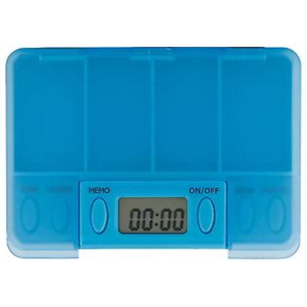 Fyrkantig Pillerask med 4 Fack, Medicinhållare, Elektronisk Tablettpåminnare (Blå)