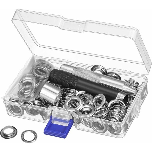 Genomföringssats Verktyg 10 mm metallögleuppsättningar 100 set Genomföringssats Öljettersats för reparation av canvas presenningstält Silver (2/5 tum)