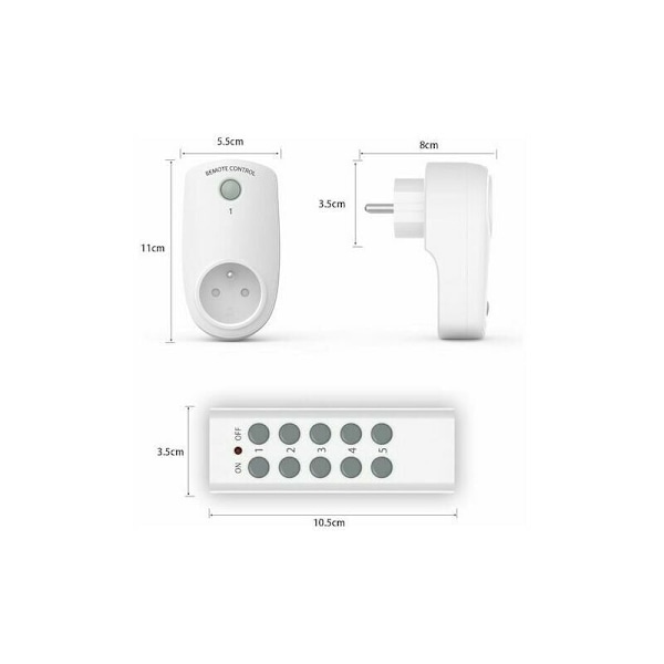 Set med 5 programmerbara eluttag, trådlös fjärrkontrolluttag med 2 fjärrkontroller, 2 batterier ingår, 30 m kontrolldistans i öppen A