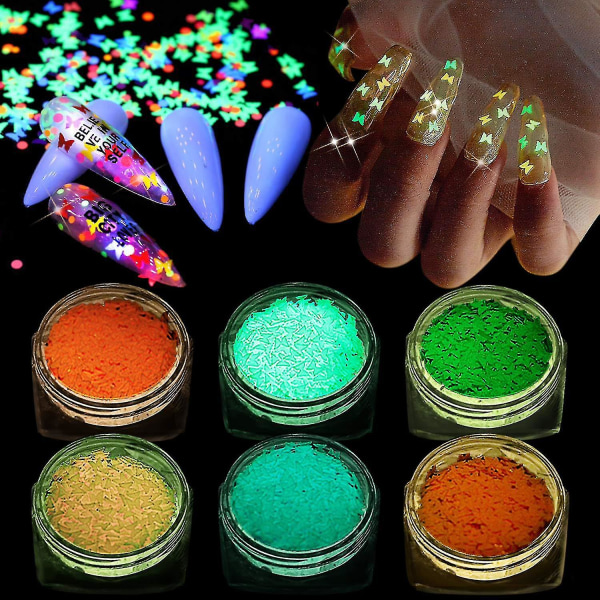 6p självlysande nagelpaljetter, 3d holografiska halloween Nail Art paljetter Färg Glitter Butterfly Glow In The Dark Nail art för gör-det-själv-nagel