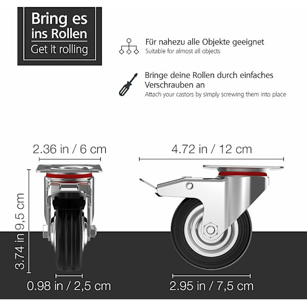 Sats med 4 tunga hjul 75 mm - Vridbara hjul med broms upp till 50 kg per hjul - Massiva gummihjul för inomhus- och utomhusbruk