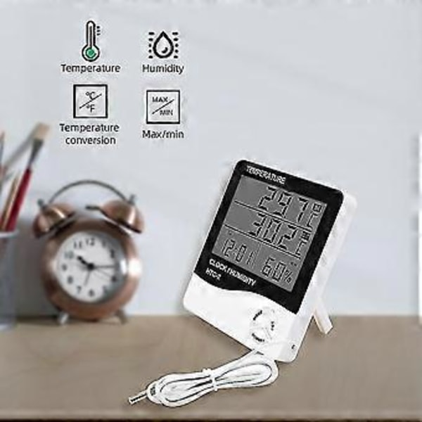 Htc-2 Inomhus Utomhus Hygrometer Digital Temperatur Luftfuktighetsmätare Termometer Väderstation Klocka Alarm Väggsensor Sond