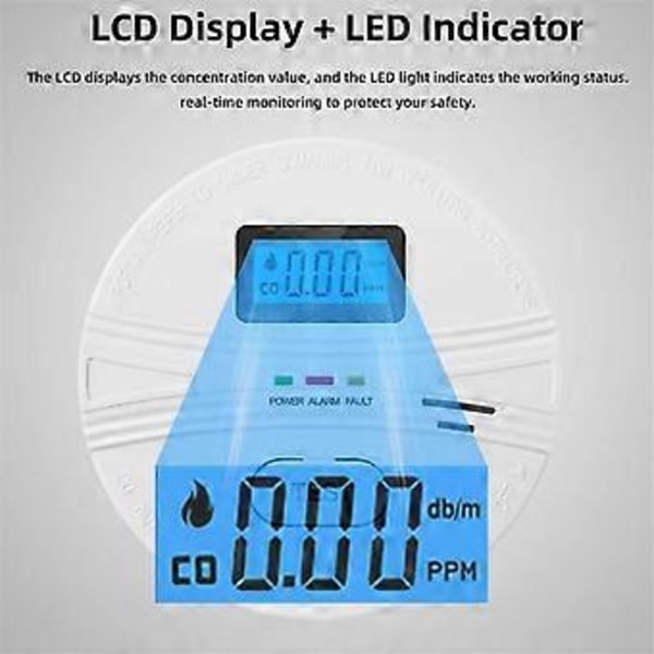 2 i 1 CO & Kolmonoxid Detektorer, Rökdetektor, 85DB i Alarm, för, LCD-Skärm, B