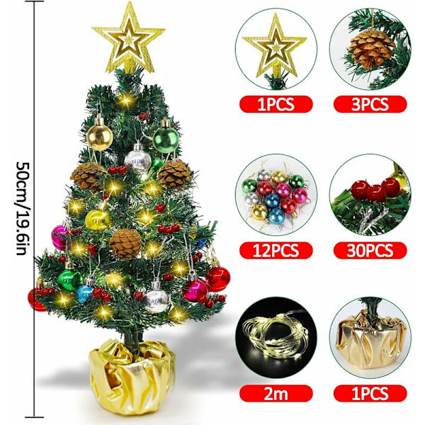 45 cm konstgjord julgran, liten julgran med LED-lampor, batteridriven julgransprydnad med gyllene stjärna färgglada ba