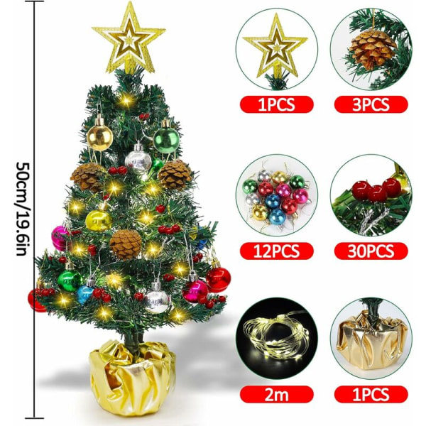 45 cm kunstig juletre, lite juletre med LED-lys, batteridrevet juletrepynt med gylden stjerne, fargerike ba