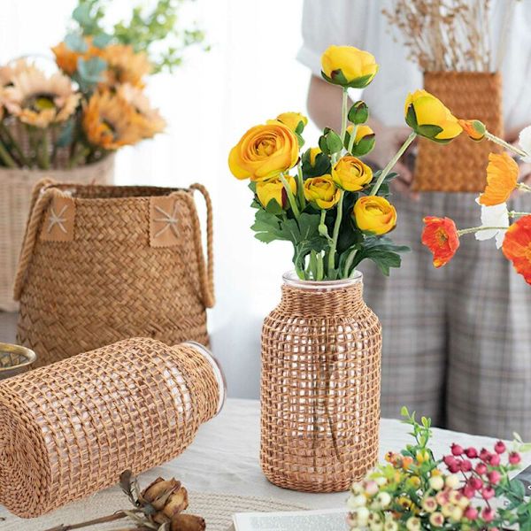 Halm Glas Blomvas Japansk Blomkruka i Nordisk Kontrakterad Kreativ Blomkorg för Vattning av Växter -S