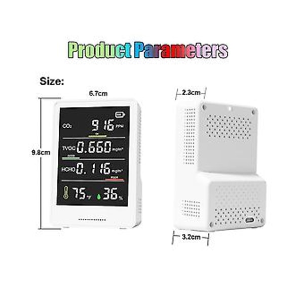 Mon Er, Portabel CO2-detektor CO2, TVOC, HCHO, Luftfuktighet Temperatur Icle C