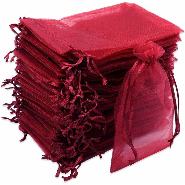 100 STK 10 x 15 cm Vinrøde Organza-poser, Organza-gaveposer, Organza-smykkeposer Slikposer Bryllupsfavoritposer med snøre Brugt til