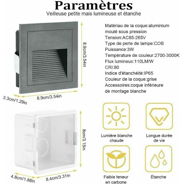 4 kpl 3W LED-upotettava seinävalaisin, viileä valkoinen IP65 vedenpitävä porrasvalot, askelvalot, alumiini, sisä- ja ulkovalaistuskoriste (kylmä valkoinen,