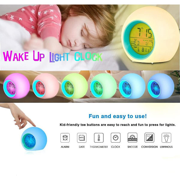 Barn LED väckarklocka Wake Up Digital Clocks Sängklocka 7 färger Blinkande ljus för sovrumsdekor (blå)