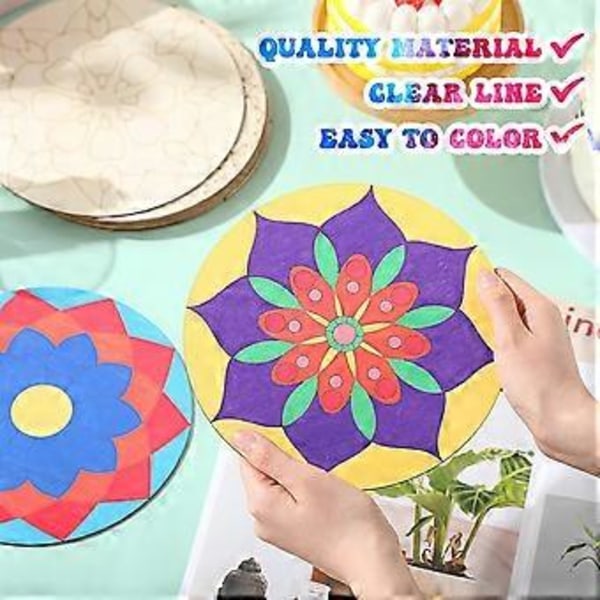22 st Trämålningsset Mandala 10 Mandala Obehandlade Träutskärningar med 12 Pennor för Hantverk Mandala Träskivor