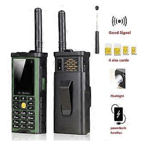 Robust udendørs mobiltelefon med stor batterikapacitet, lang standbytid, antenne, godt signal, fire SIM-kort, 3D-bokshøjttaler, e-bog - Grøn