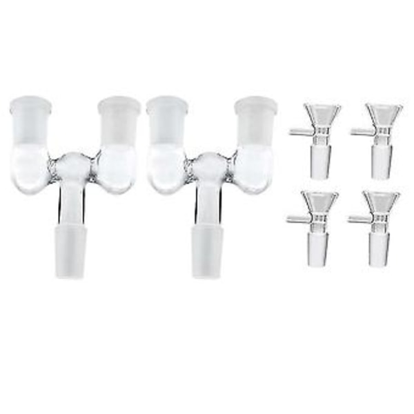 Glassrøradapter, 2 stk. 14 mm hann til dobbel 14 mm hunn adapter med 4 stk. 14 mm transparent glass traktadapter, gjenbrukbar