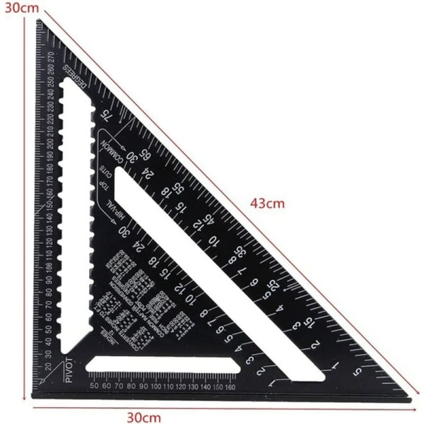 Trekant skala linjal 12 tommers aluminiumlegering trekantlinjal høy presisjon firkant vinkelmåler snekker innramming layout måleverktøy for ingeniør