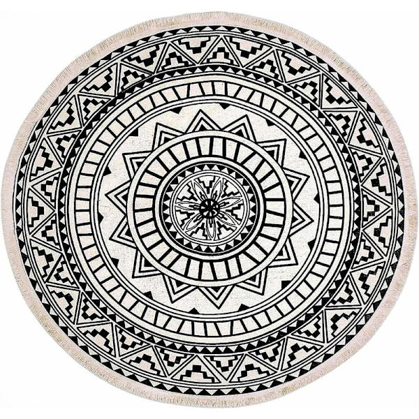 Pyöreä matto, 120 cm, hapsutettu pyöreä matto, liukumaton, käsin kudottu ja helppo puhdistaa, boheemi mandala-kuvio, puuvillamatto-Fei Yu