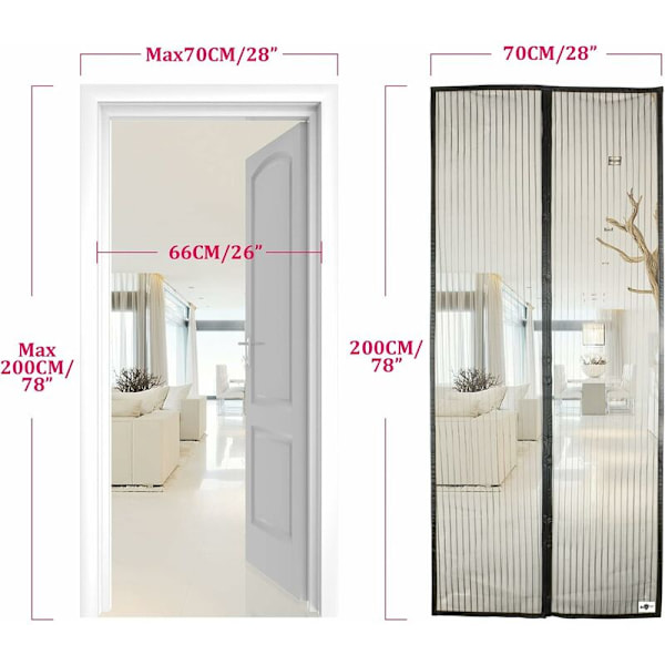 Magnetisk fluenet, dør insektnet, 70 x 200 cm, magnetgardinet er ideelt til altandøre, kælder- og terrassedøre, nem ad