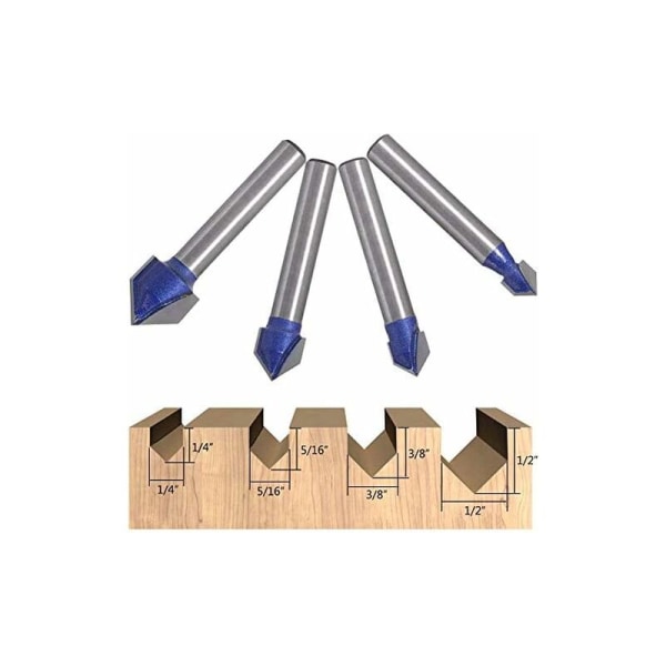 4 stk 6,35 mm skaft 90～V-spor fresestål for trebearbeiding fresing 6,35 mm, 7,94 mm, 9,52 mm, 12,7 mm sporfres V-formede fresestål for trebearbeiding verktøy B