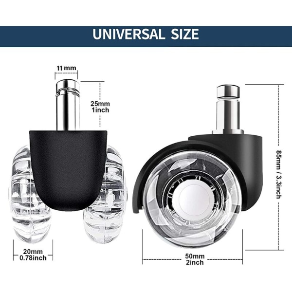 Kontorstolhjul (sæt med 5) 11 mm, perfekt til alle gulve eller tæpper, lydløse og beskytter gulvet mod skader, ideel til kontorstole