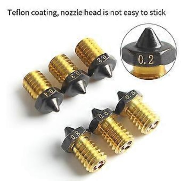 6 st munstycken för VORON/MK3S-skrivare V6 PTFE-belagt mässingsmunstycke 0,2/0,3/0,4/0,5/0,6/0,8 mm 3D-skrivarmunstycken