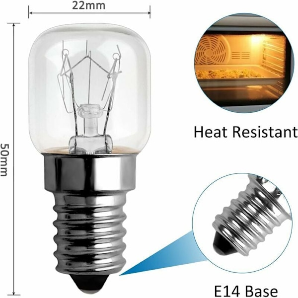 -Uunin polttimo 15W 300 astetta E14 himmennettävä, E14 T22 hehkulamppu, 85LM lämmin valkoinen 2300K, E14 pieni ruuvikanta kääpiölamput mikroaaltouuniin, uuniin, suola