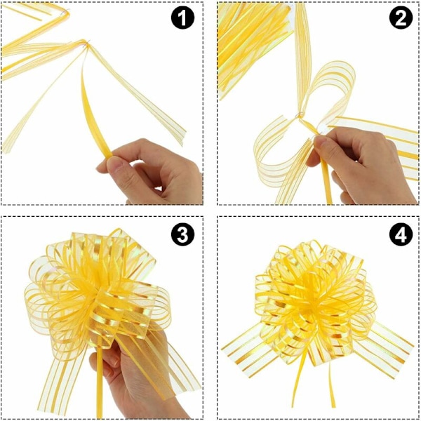 12 stk. store sløyfe stor organza trekk sløyfe gaveinnpakning trekk sløyfe med bånd for bryllupsgavekurver, 6 tommer diameter - gul