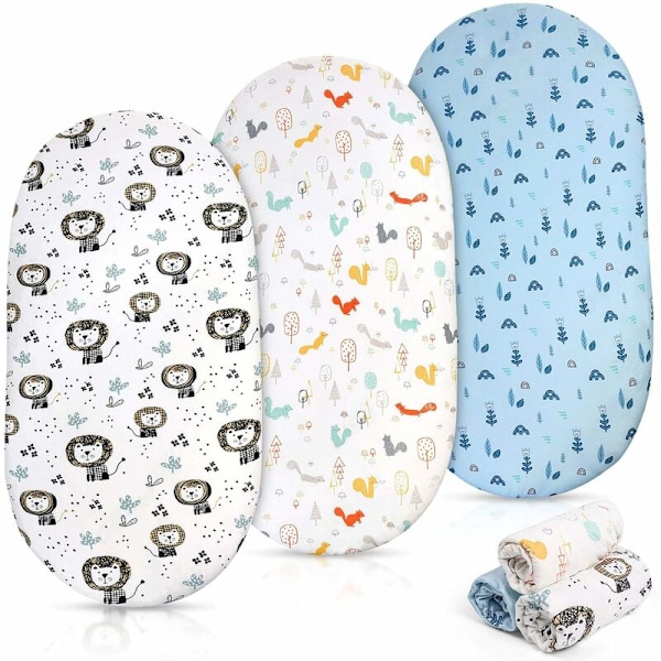 3-pakning babyvogn tilpassede laken, baby tilpassede laken i myk, hudvennlig bomull, lav krymping bassinet laken for ovale eller firkantede madrasser