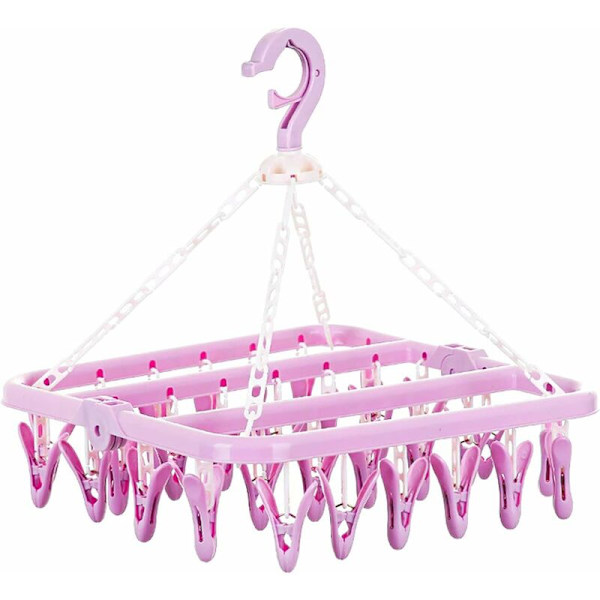Sock Drying Rack med 32 klämmor Hängande torkställ Kan roteras och vikas 360¡ã Rosa