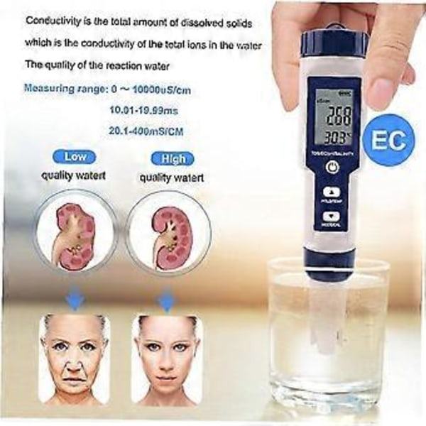 5 I 1 Digital Måler Tds / Ec / Ph / Saltholdighed / Temperatur Vandkvalitets Overvågnings Tester (hs)