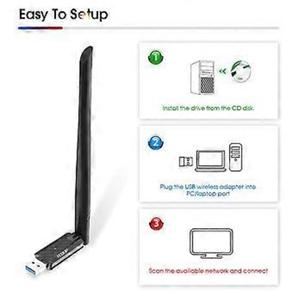 USB WiFi -sovitin pöytätietokoneelle 1300Mbps USB 3.0 WiFi Dual Band -verkkosovitin 2,4 GHz / 5,8 GHz:n suurvahvistusantennilla MU-MIM
