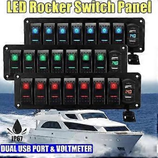 Bil Vandtæt Marine Båd Vippekontakt Panel 8 Gang 12V/24V Strømafbryder Dobbelt USB-porte Lysknap Blå