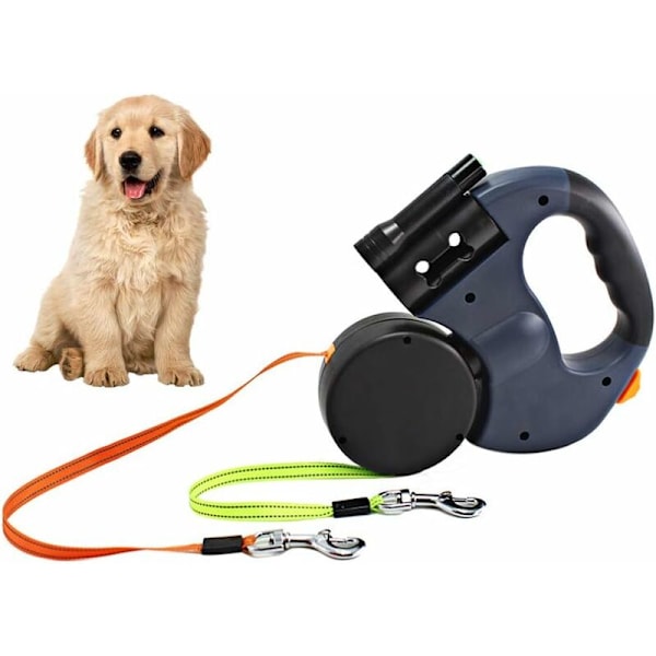 Inntrekkbar dobbel hundekobbel, 3m dobbel hundekobbel for to hunder Fleksibel dobbel hundekobbel med sklisikkert håndtak, for små og mellomstore hunder