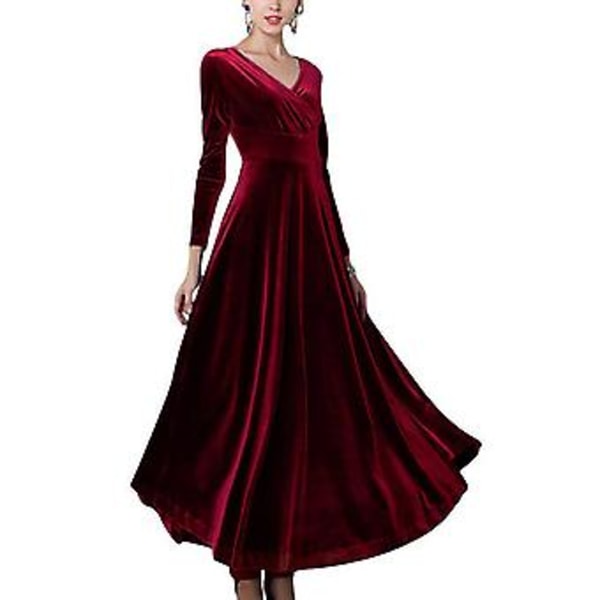 Klänning V-ringning Långärmad Flödande Swing Ankellång Sammet Elegant Maxiklänning för Kvinnor Vinröd XL