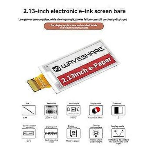 2.13 Tommer Blækskærm Elektronisk Papir Elektronisk Prisskilt Display Skærm 250x122pixel SPI Eink Rå Display