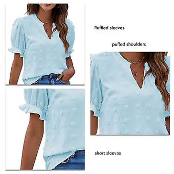 Dame Chiffon Skjorter Casual Sommer Topper Puff Korte Ermer V-Hals Sveitsisk Prikk Pom Pom Bluser for Arbeid Reise Fest Himmelsblå M