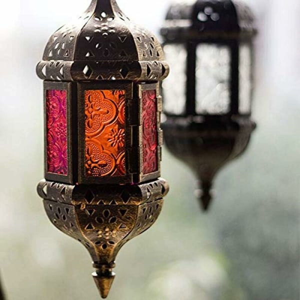 Marockansk hängande ljuslykta Ljusstakar 2 delar Metall och glas Brun Ramadanlampa Dekorativa ljuslyktor för vardagsrummet Balcon