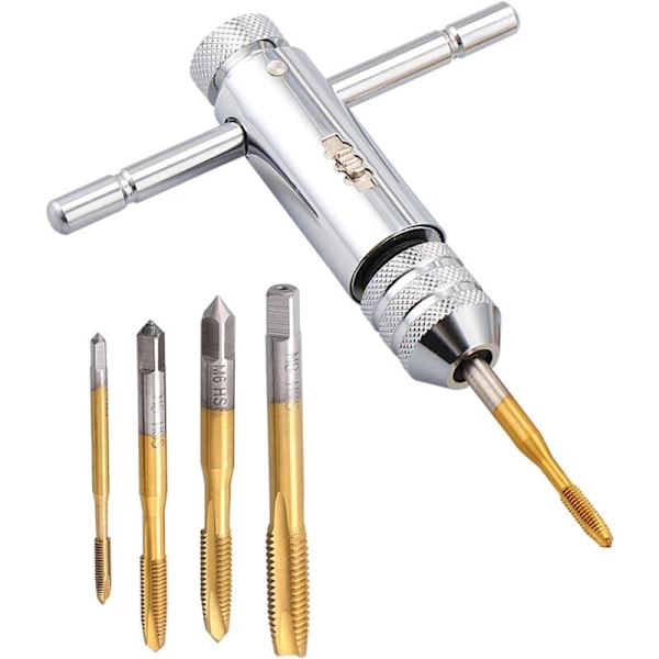 Hand Taps, Adjustable Tap Wrench, T-Handle Tap Holder Wrench with 5pcs HSS M3 M4 M5 M6 M8 Metric Thread Tap