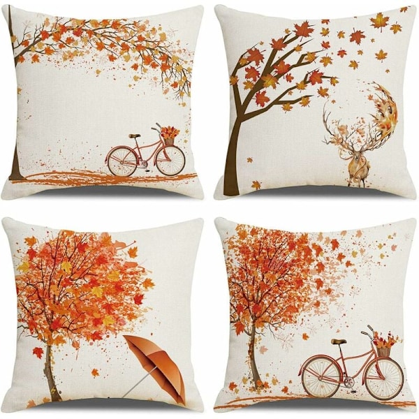 Set of 4 Cushion Cover 45x45cm, Orange Autumn Maple Leaf Decorative Cotton and Linen Sofa Pillowcase for Couch Bed Bedroom Chair Garden