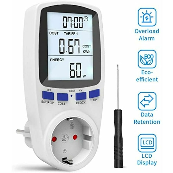 Energikostnadsmätare, digital energikostnadsmätare, strömmätare med stor LCD-display och elanalysator med överbelastningsskydd, snabb fakturering