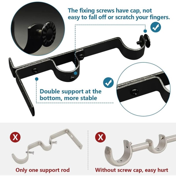 Gardinstangbrakett, Dobbel gardinstangbraketter, Gardinstangbrakett Braketter, Gardinstang Hengende Kroker, Sett med 3, Svart