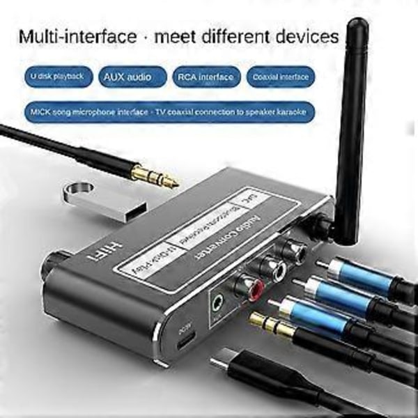 Trådløs HIFI DAC Konverter Bluetooth 5.2 Receiver Audio Koaksial Til R/L 3.5mm Aux Adapter med U Disk Afspilning Mikrofon