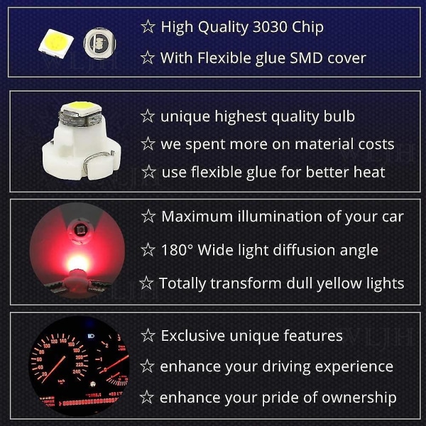 10 stk Rød T3 Base Led Bil Dashbord Led Pære Dashbord